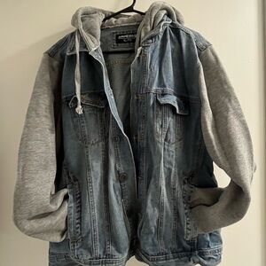 Men's Denim and Gray Hooded Jacket